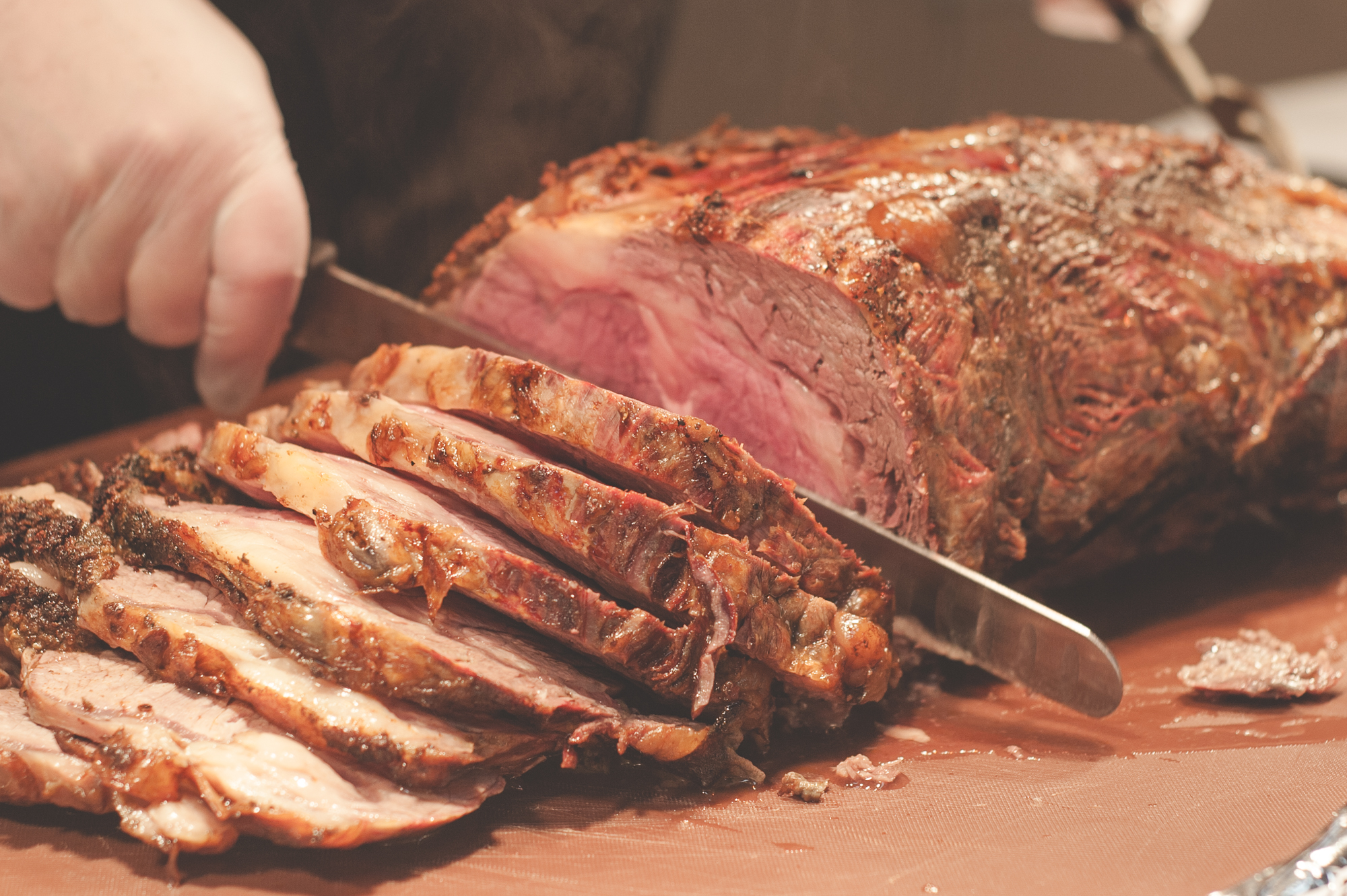 Roasted prime rib carved at the buffet